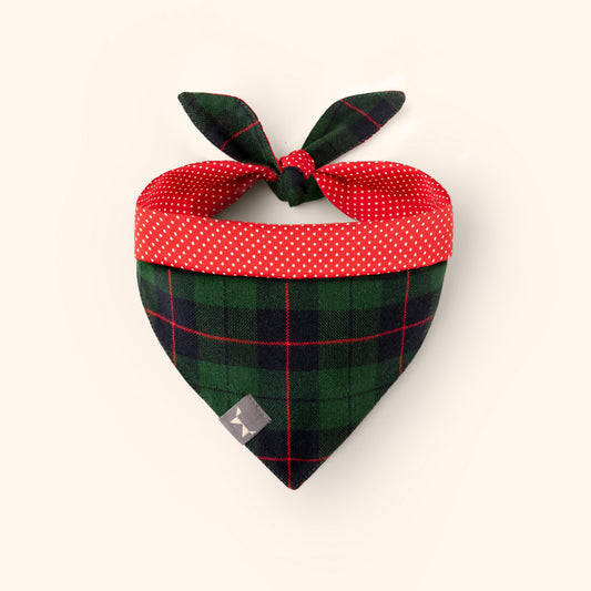 Bandana Navidad doble vista tartán verde y tela roja con puntitos