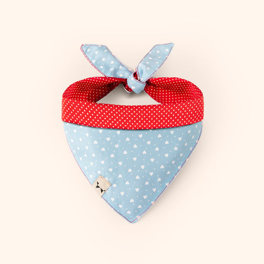 Bandana San Valentín azul con corazones y rojo con lunares